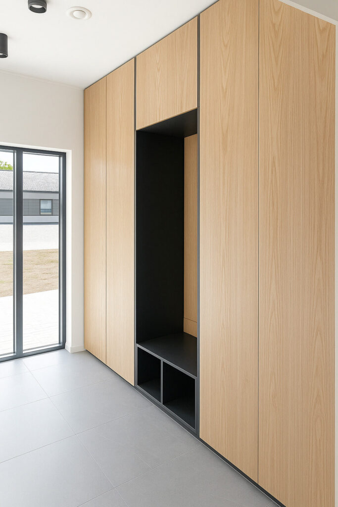 tammepuidust garderoob – maast laeni kapilahenduse, riiulite ja sahtlitega, eesvaade, eritellimusel