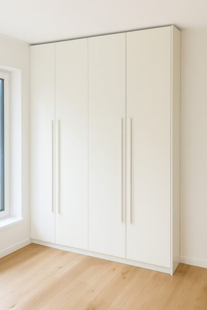 valge garderoob – maast laeni kapilahenduse, riiulite ja sahtlitega, eesvaade, eritellimusel