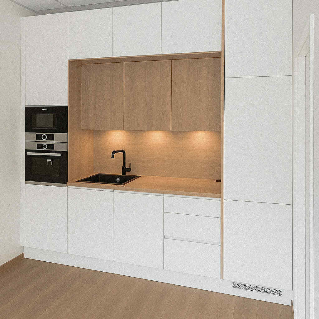 Köögimööbel valge köögimööbel – integreeritud seadmete ja funktsionaalse paigutusega, eesvaade, eritellimusel