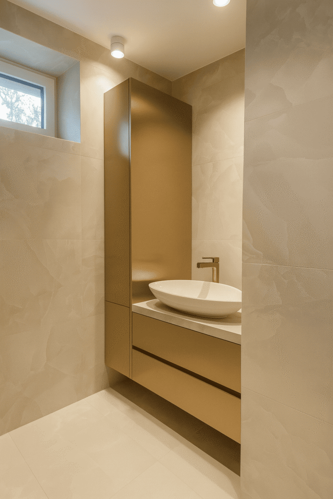 Eritellimuslik vannitoamööbel kuldsete detailidega – valamukapp ja panipaigad kuld