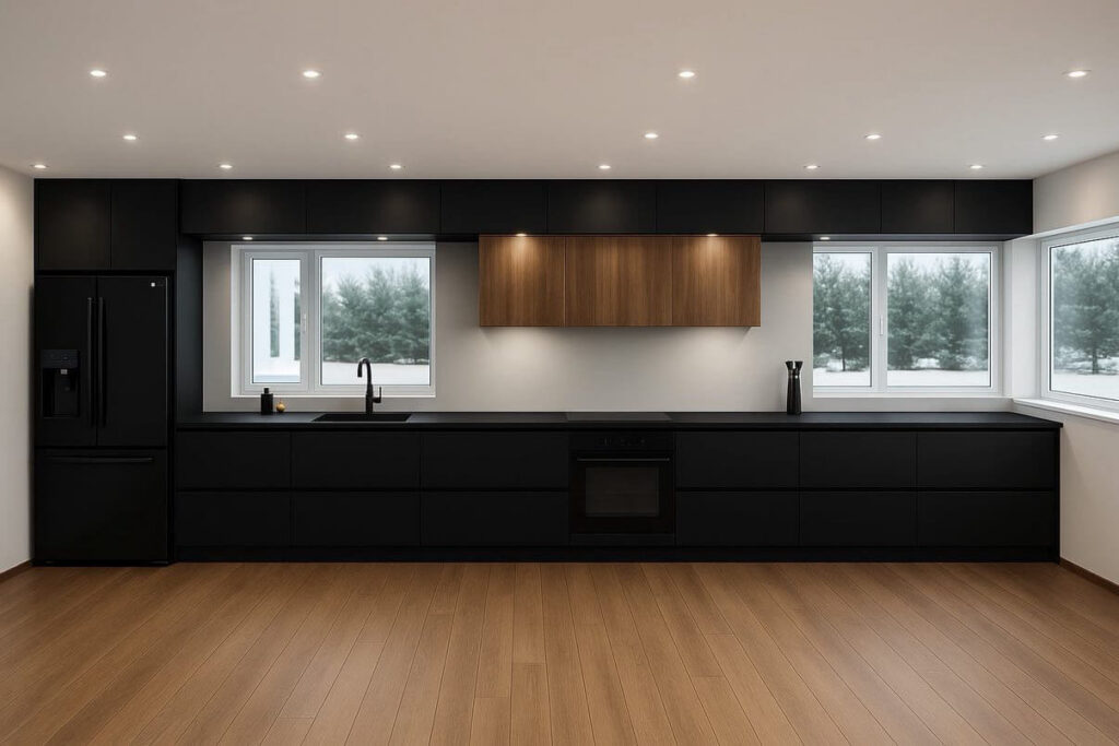 Must modernne köögimööbel – sile viimistlus, integreeritud seadmed ja puhas joonekeel, eritellimusel
